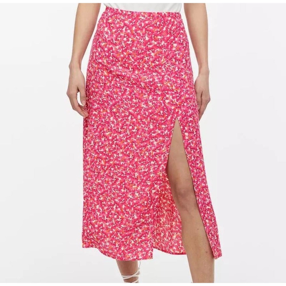 H&M Romantic Pink Dainty Floral Midi Skirt Side Slit Viscose  Print Size 4